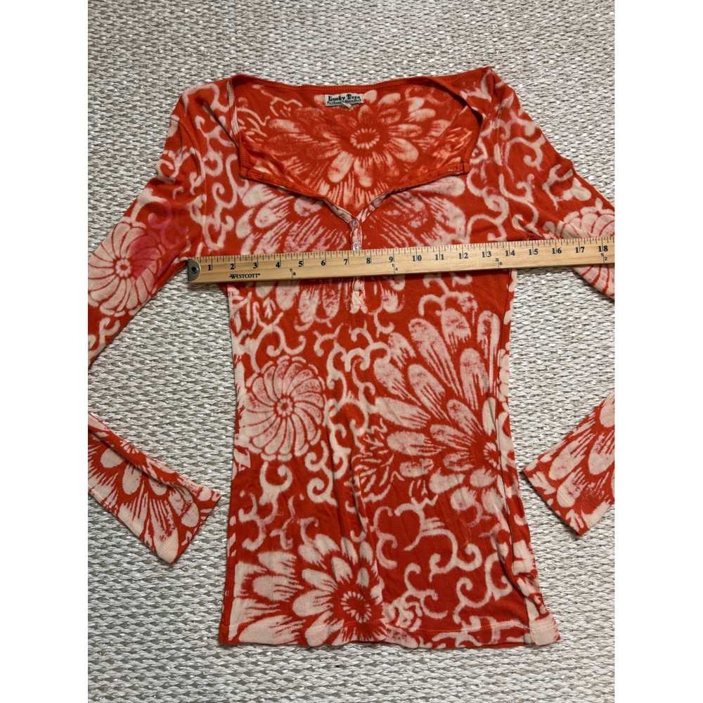 Lucky Brand Lucky Tees Orange Floral Ribbed Henley Long Sleeve Top y2k vinatge M - Picture 5 of 6